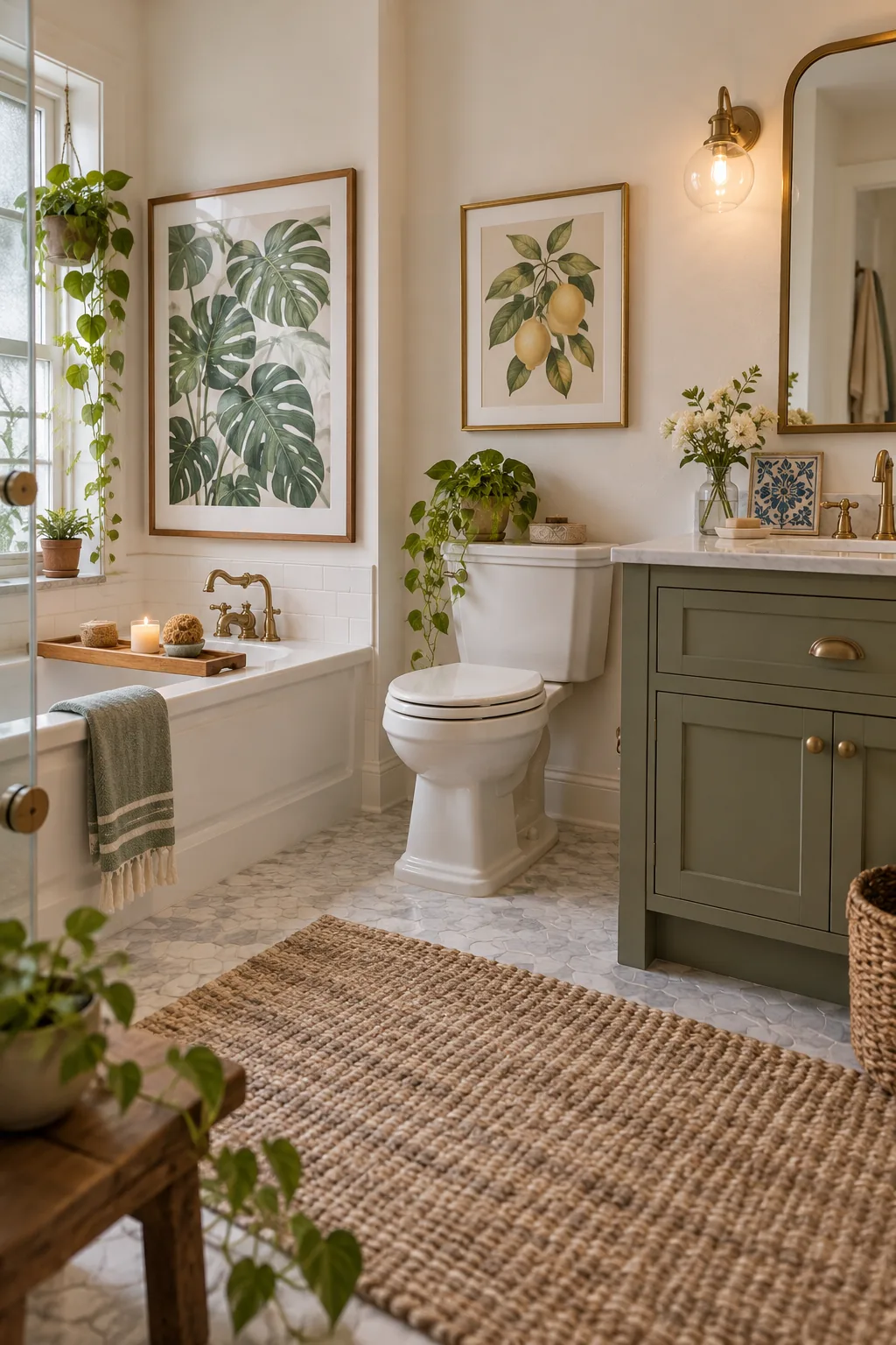 A waterproof canvas art piece sitting on a wooden bathroom shelf with a trailing plant and washcloths.