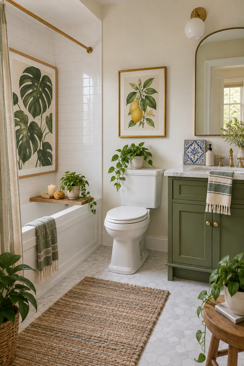 A beautifully styled small bathroom showing perfectly spaced artwork across the tub, toilet, and vanity zones.