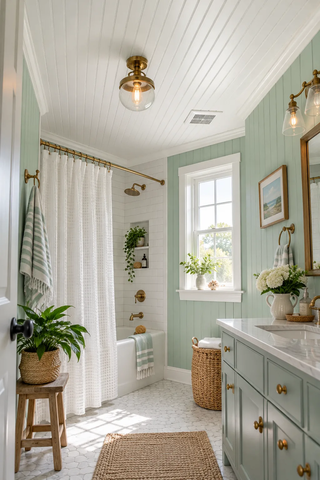 White beadboard bathroom ceiling with mint green walls and brass lighting.