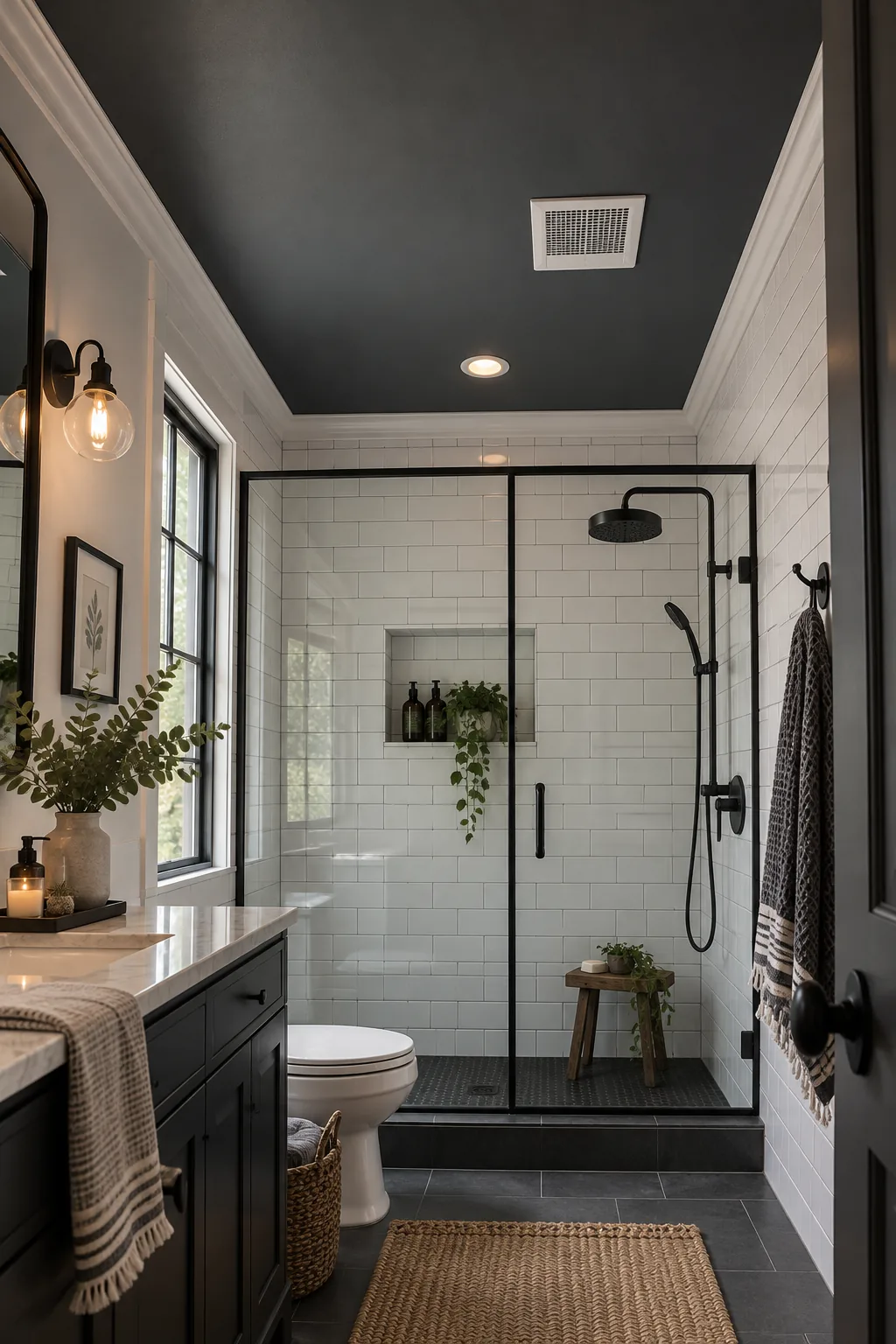 Charcoal gray bathroom ceiling contrasting with white subway tile walls.
