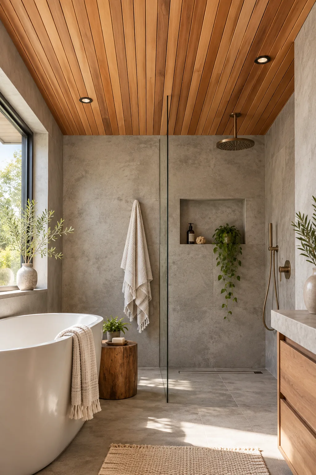 Natural cedar slat ceiling in a minimalist bathroom with concrete walls.