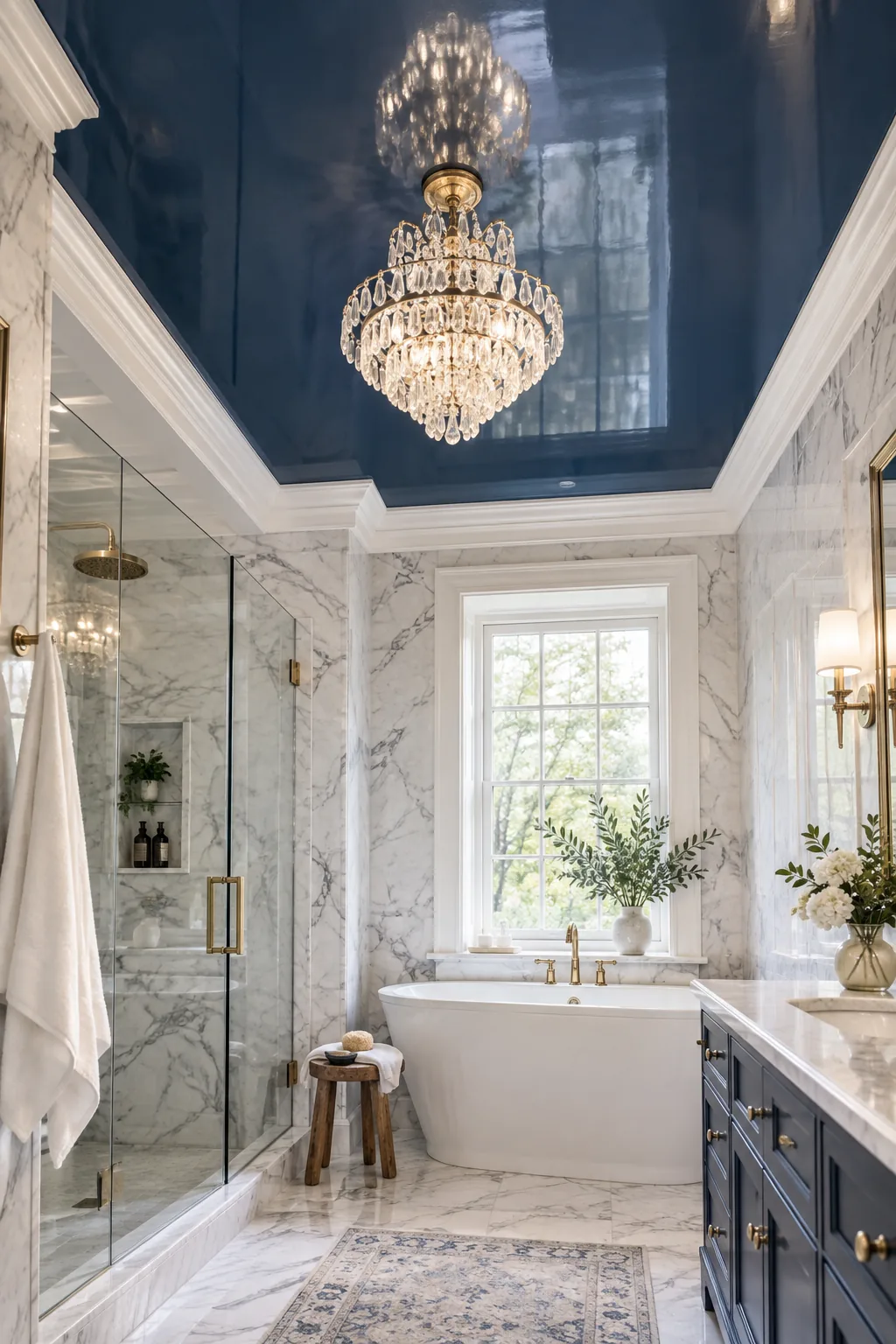 Glossy navy blue lacquered ceiling in a luxurious marble bathroom.