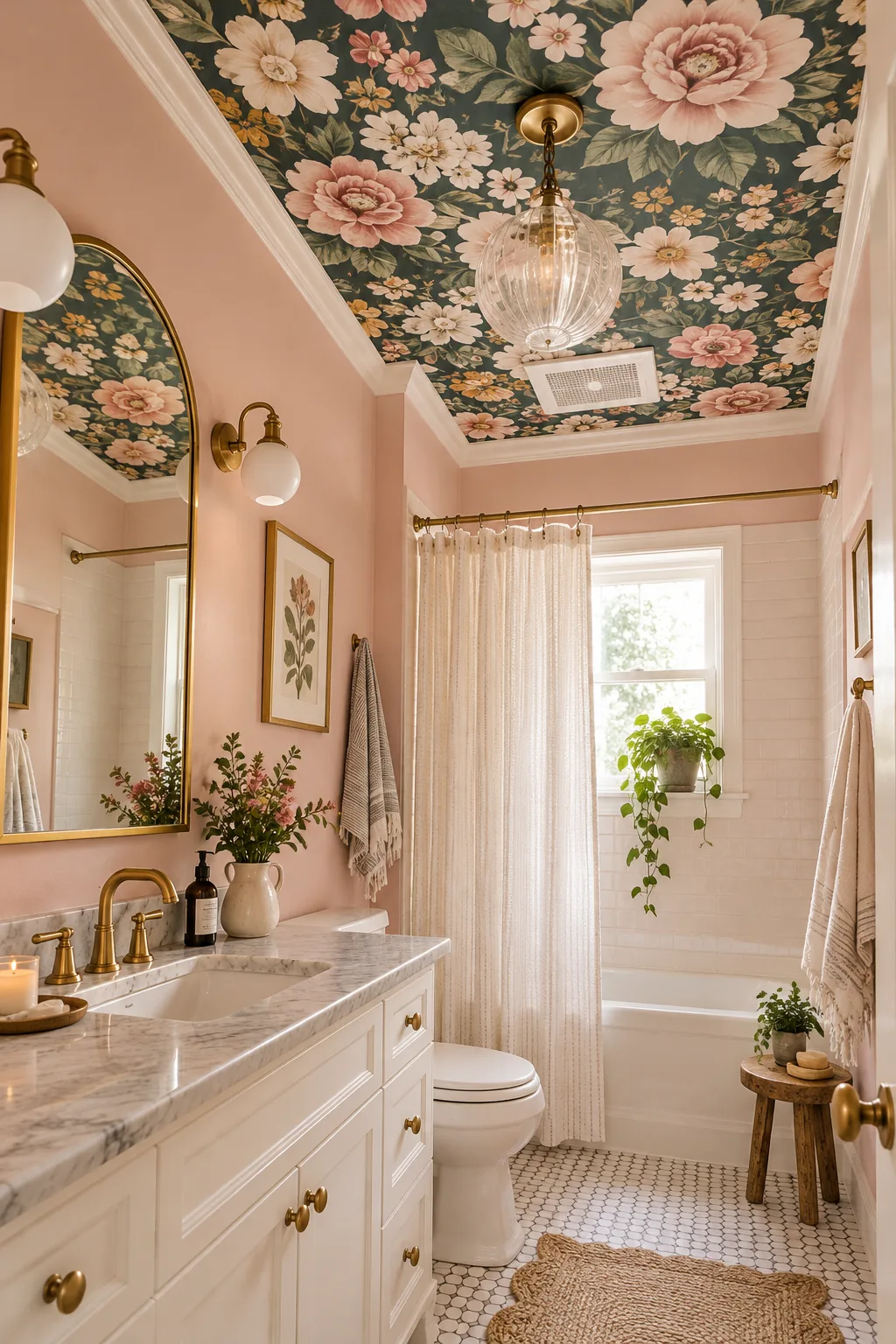 Floral vinyl wallpaper applied to a bathroom ceiling above soft pink walls.