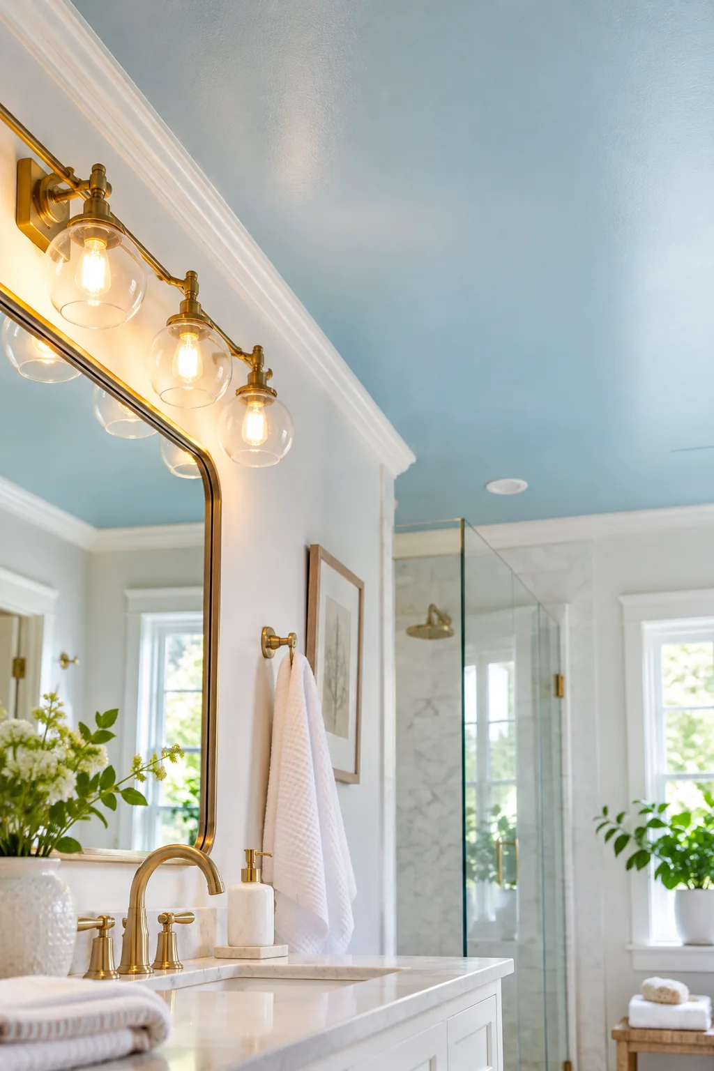Flat light blue bathroom ceiling seen from below, spanning above a glass shower enclosure.