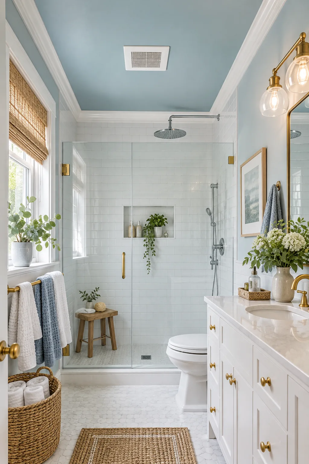 Soft light reflecting off a blue painted bathroom ceiling above a brass vanity light.