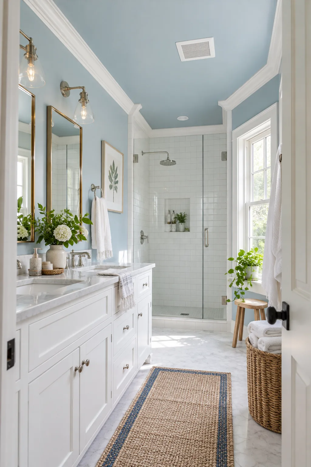 Minimalist white exhaust vent installed flush in a blue bathroom ceiling near a showerhead.