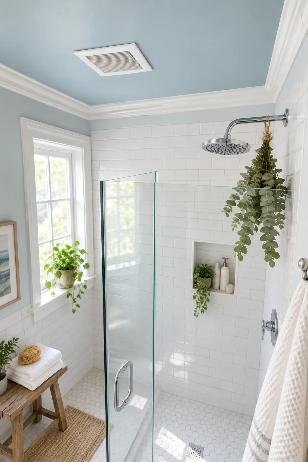 Wide view of a pristine blue bathroom ceiling over a styled white double vanity.