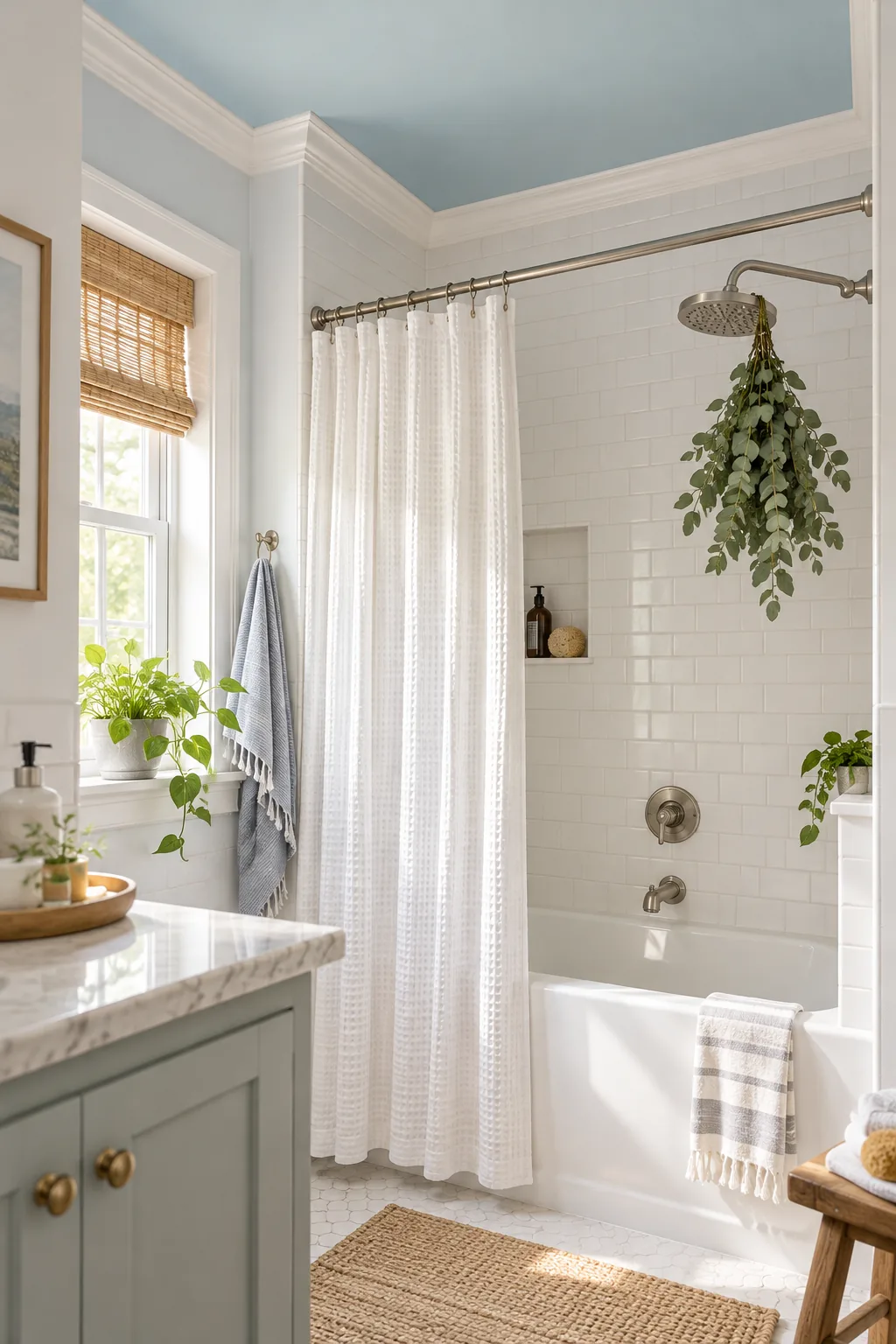Bright bathroom corner where a blue ceiling meets a white subway-tiled wall.
