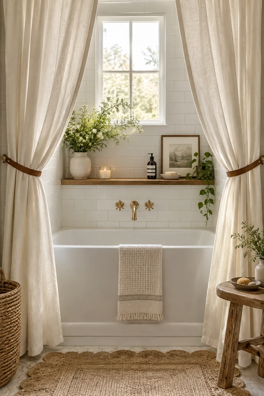 Two matching white shower curtain panels parted in the middle