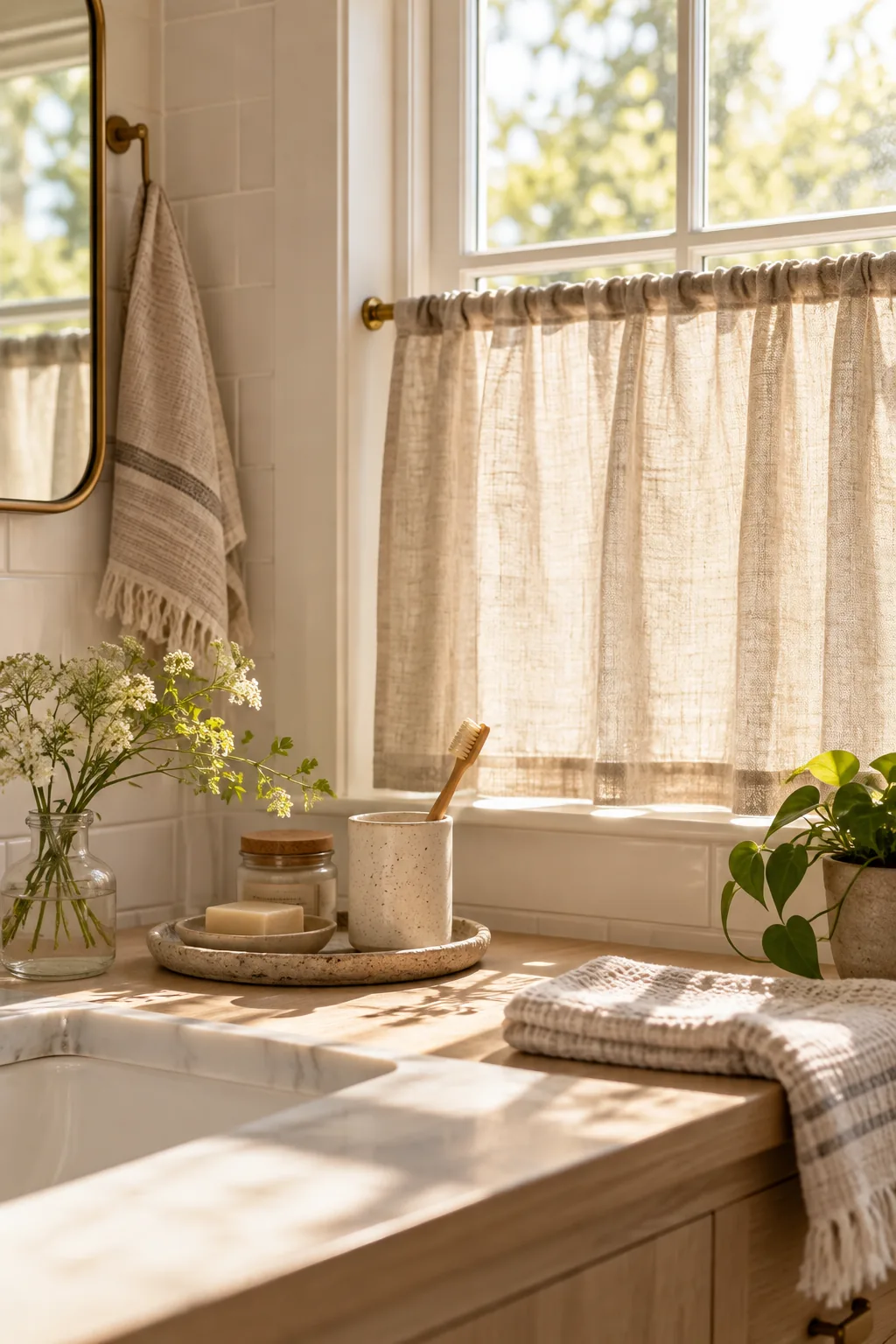 Linen cafe curtain on a brass tension rod over a bathroom window
