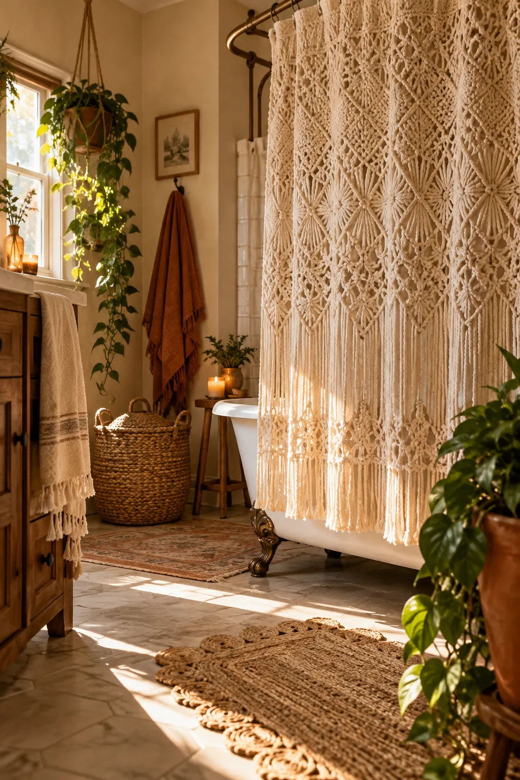 Macrame shower curtain layered over a white waterproof liner