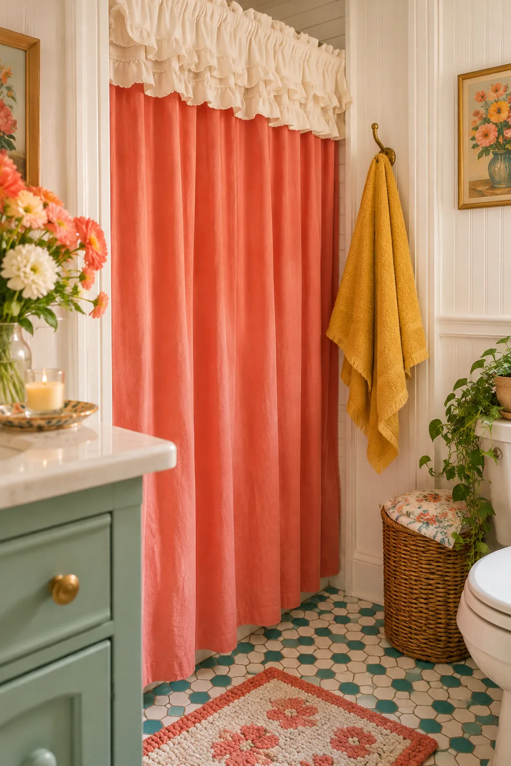 Ruffled fabric valance hiding a shower curtain rod