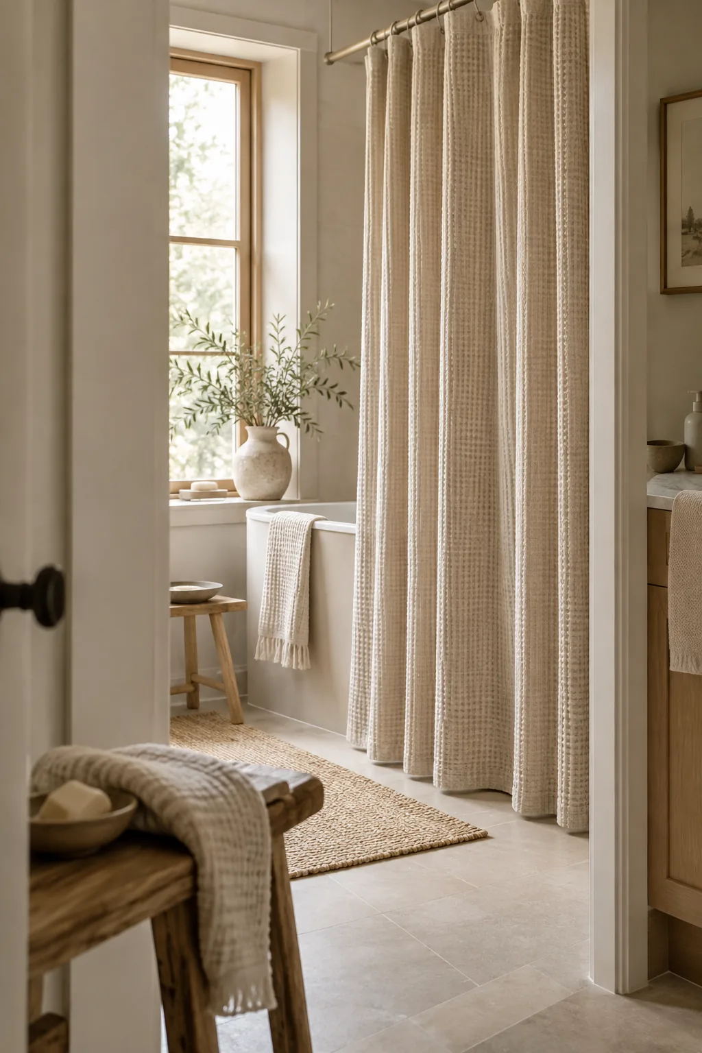 White heavy waffle weave shower curtain