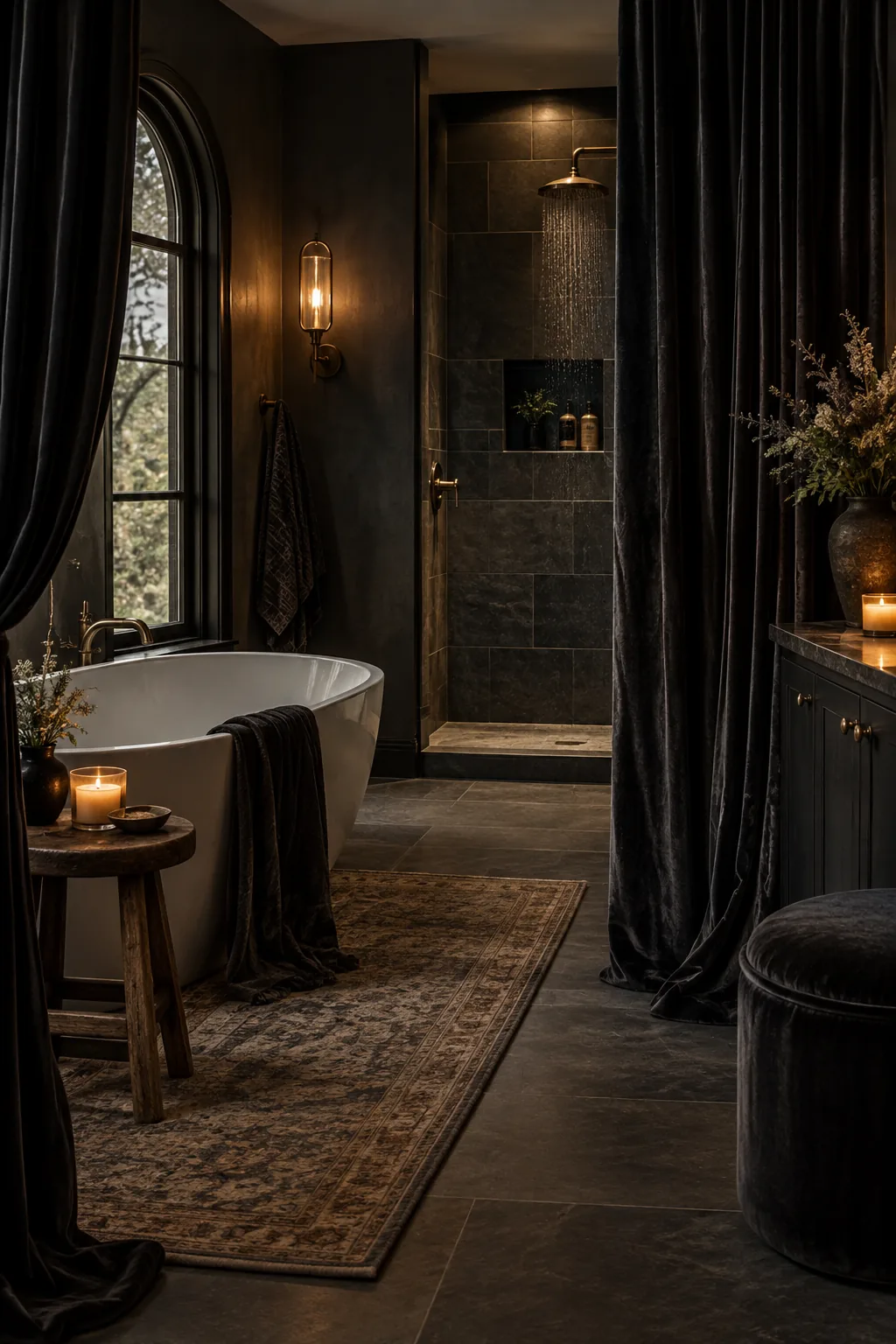 Dark charcoal velvet drape used as an outer shower curtain