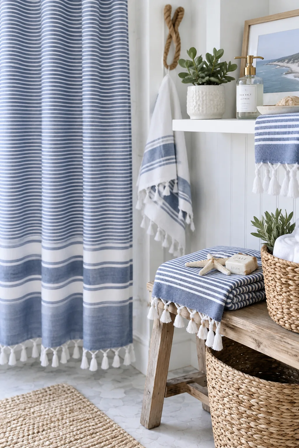 Striped Turkish towel style shower curtain with bottom tassels