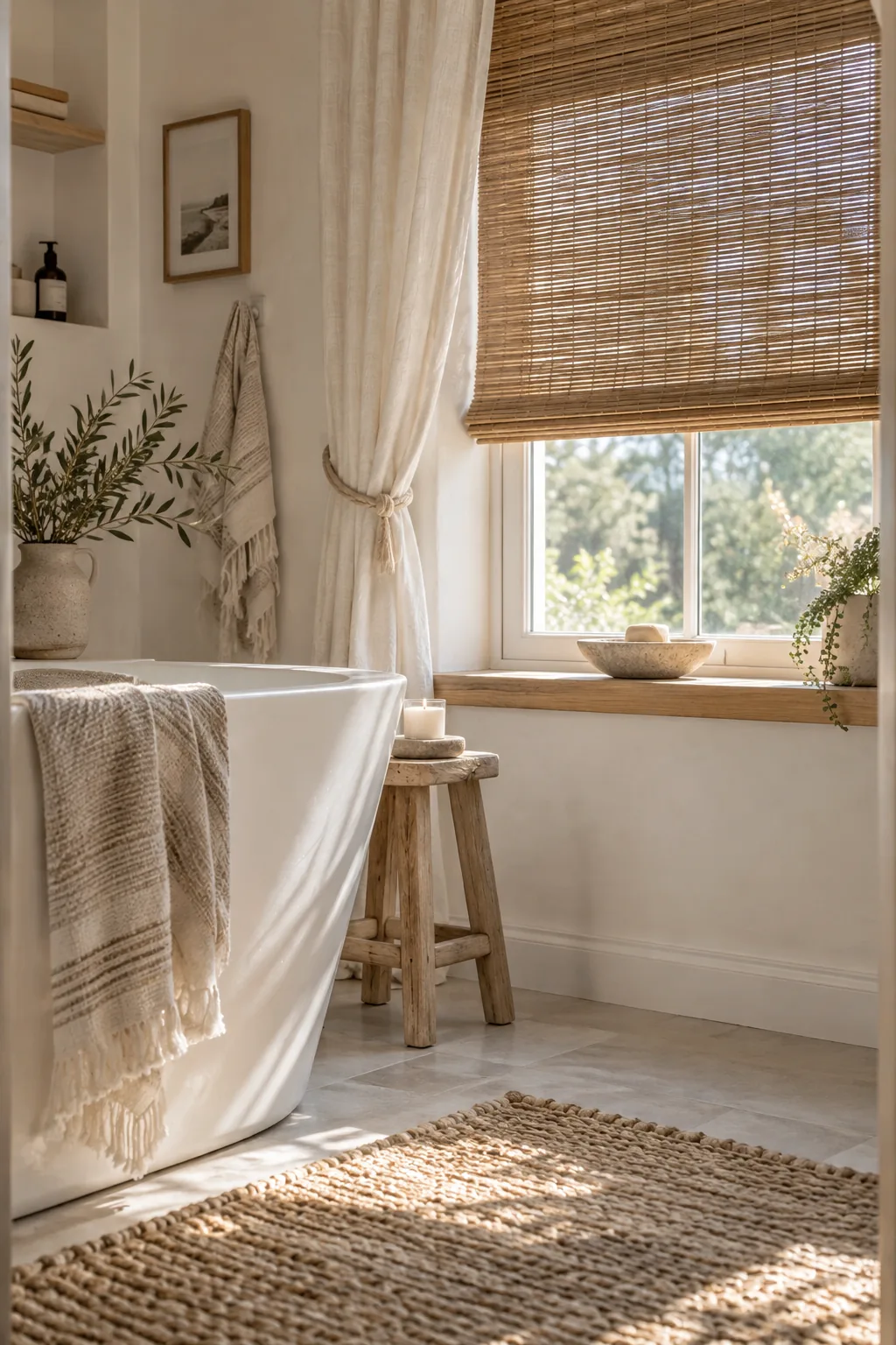 Bathroom window with a woven bamboo shade and white curtain panels