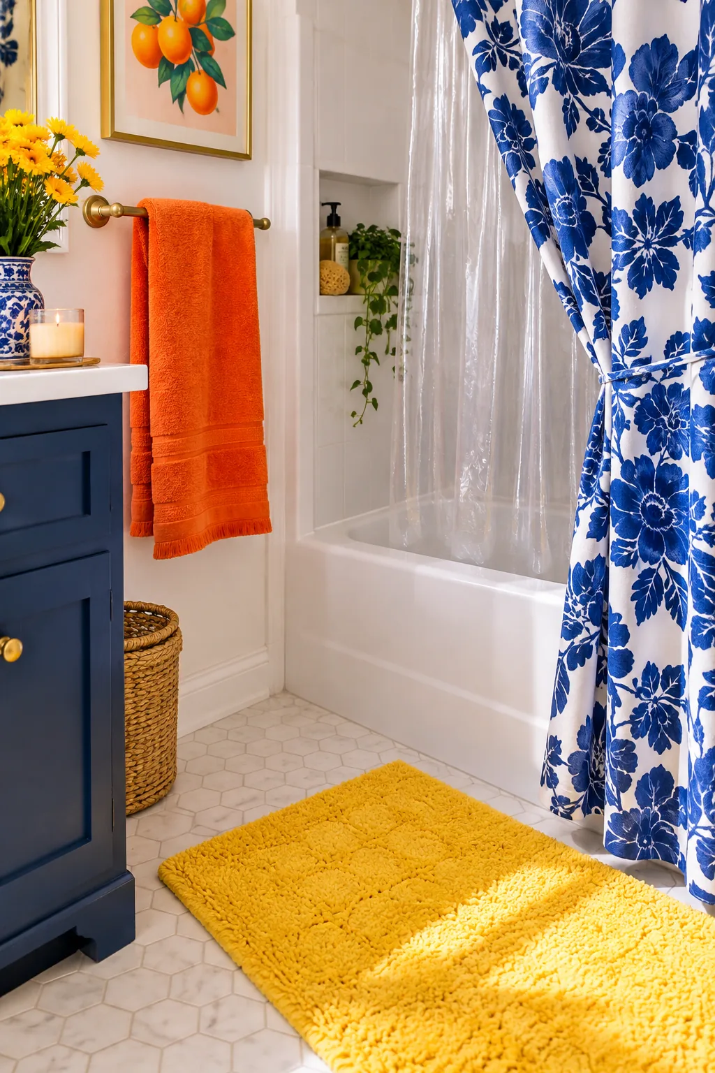 Two overlapping waterproof shower liners behind a decorative curtain