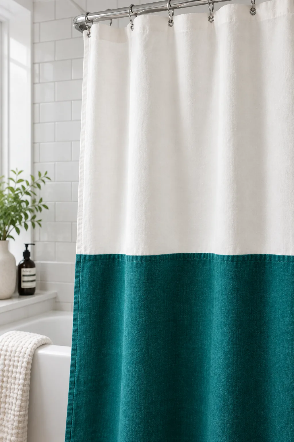 Shower curtain with white top and bold navy blue bottom third