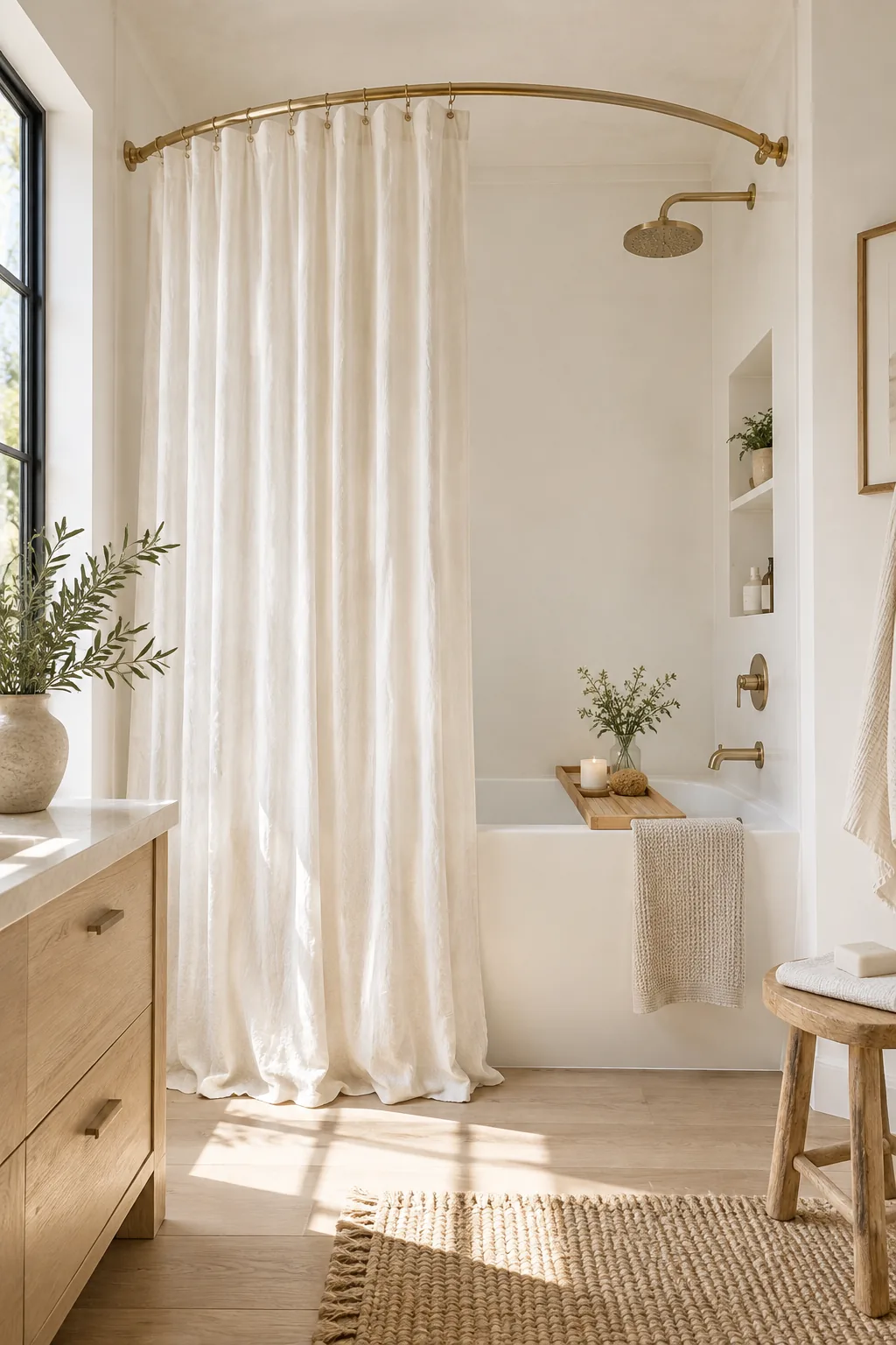 Curved metal shower rod pushing a white curtain outward