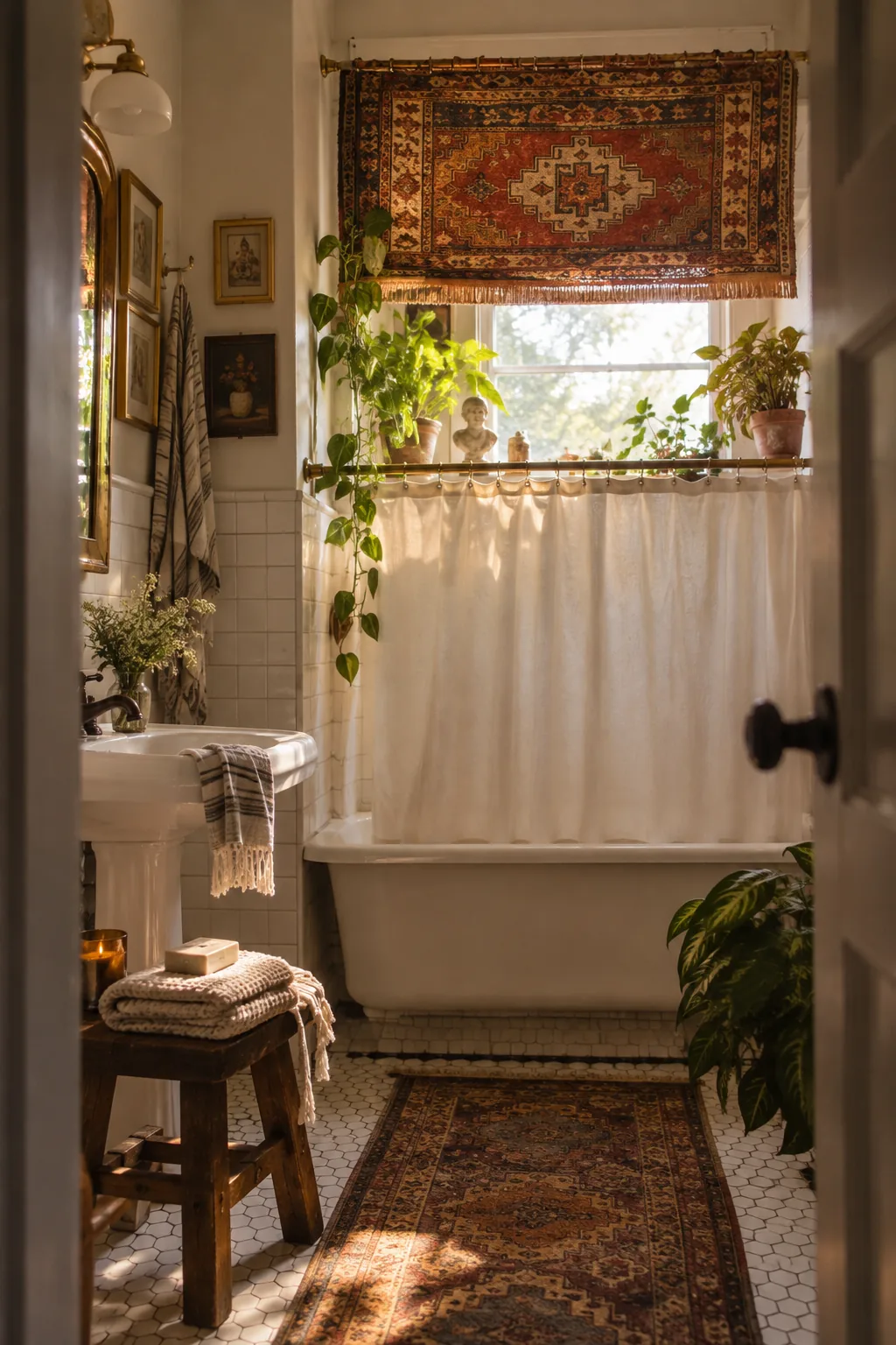 Small vintage kilim rug pinned as a valance over a bathroom window