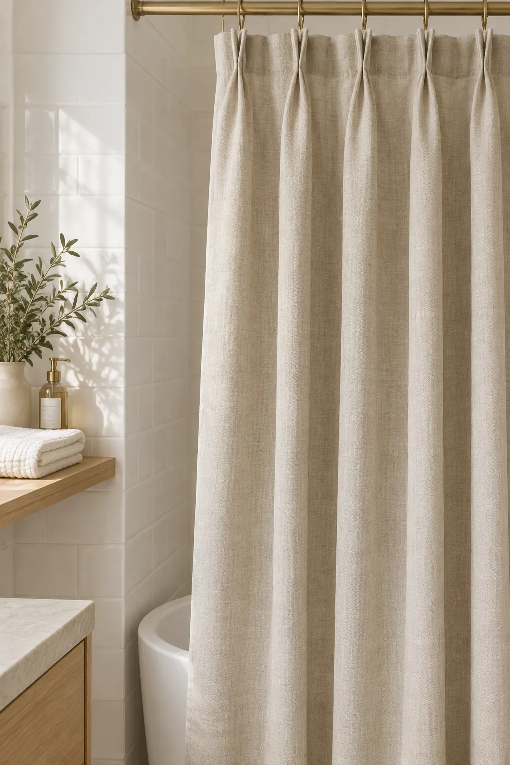 Shower curtain hung with brass drapery hooks showing crisp folds