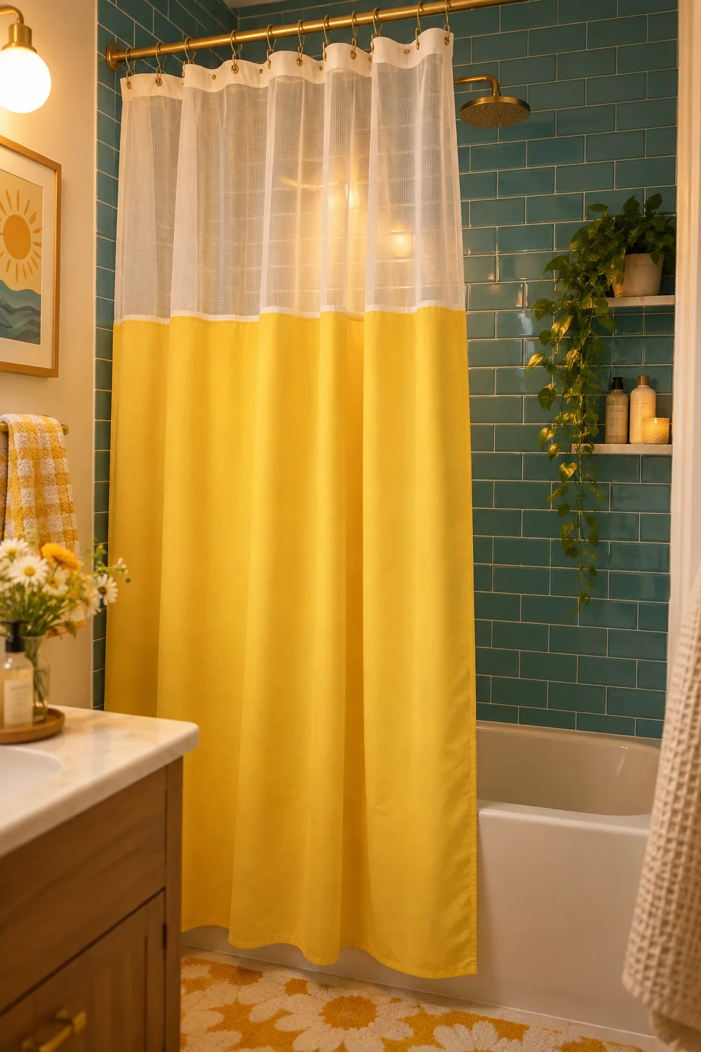 Shower curtain with a sheer mesh top and solid white bottom