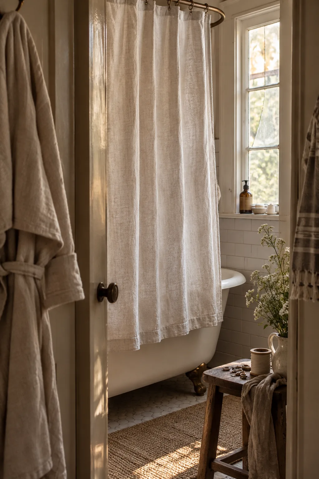 Close-up of a shower curtain bottom hem hanging perfectly straight