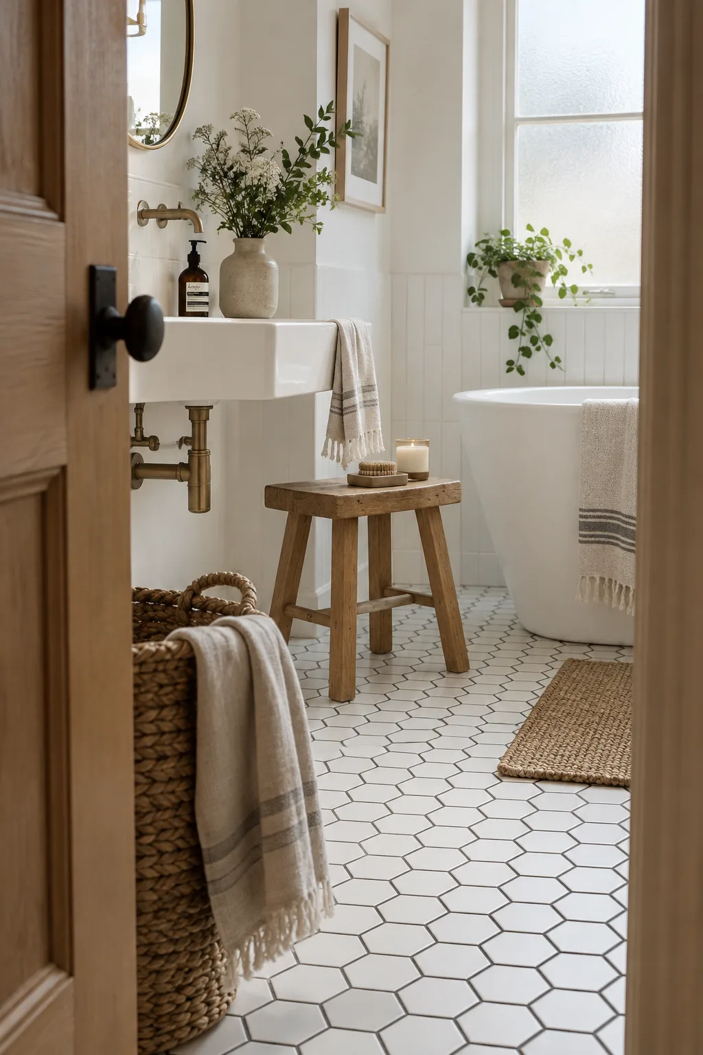 Matte white hexagon mosaic tiles with dark charcoal grout on a bathroom floor