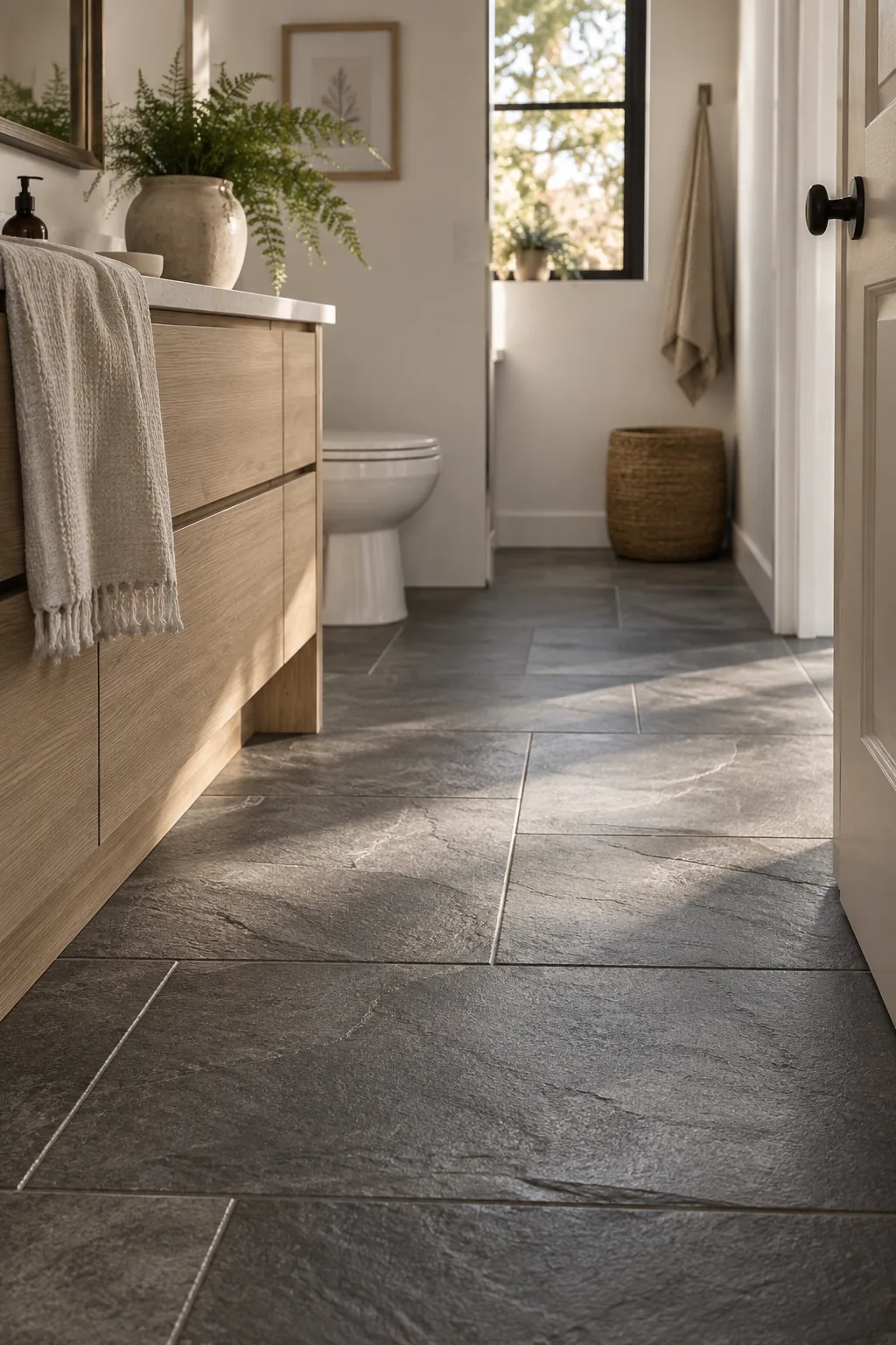 Large dark gray slate rectangular tiles laid in a modern bathroom