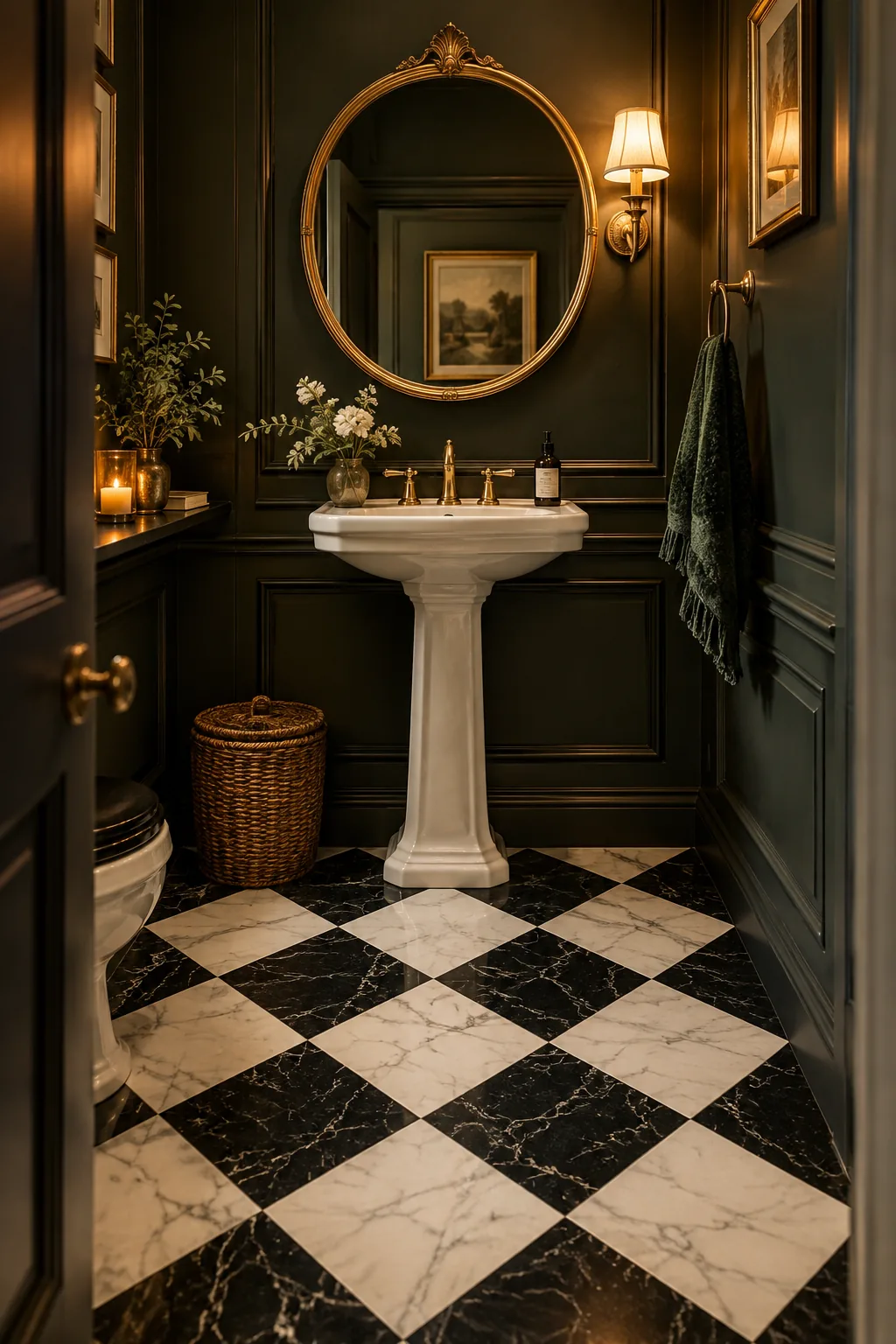 Black and white marble square tiles laid in a diagonal checkerboard pattern