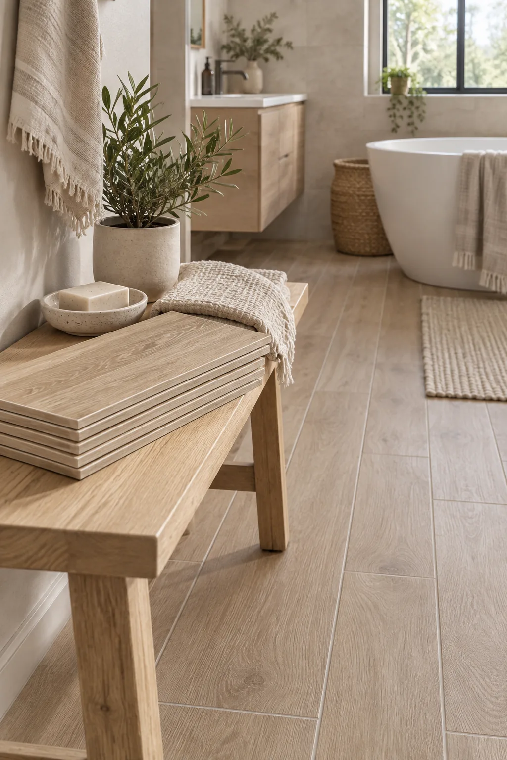 Light oak wood-look porcelain planks running parallel to the bathroom vanity