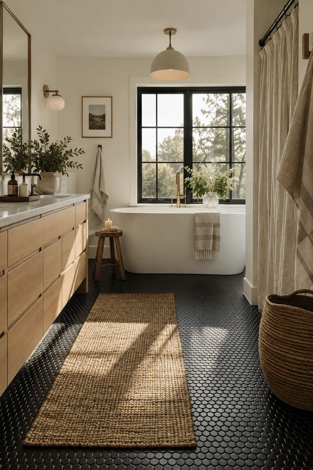 Matte black penny round tiles with matching dark grout