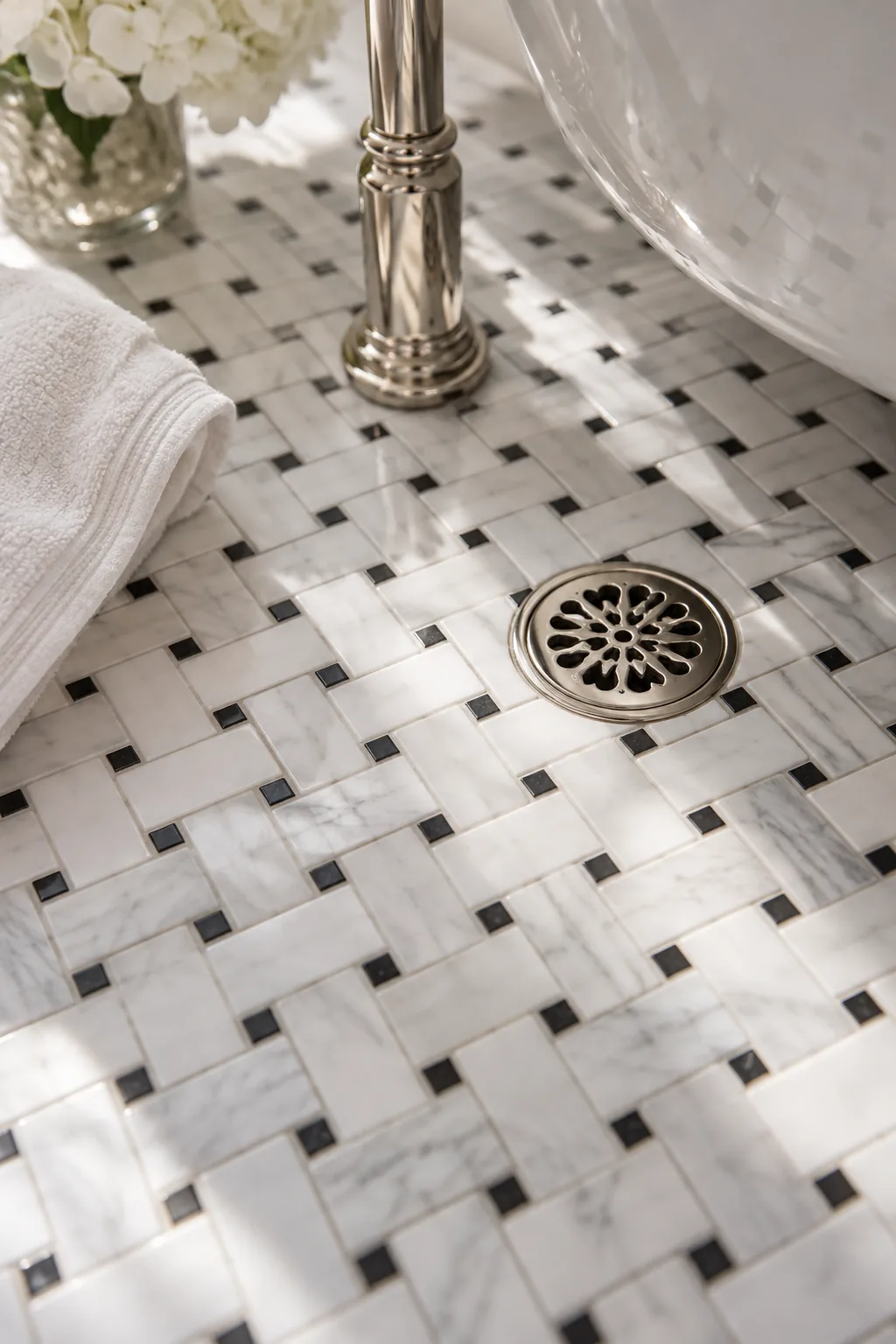 White and gray marble basketweave floor tile with small black dot accents
