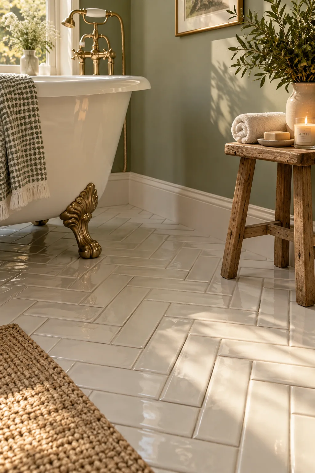 White rectangular subway tiles laid in a herringbone pattern on the floor