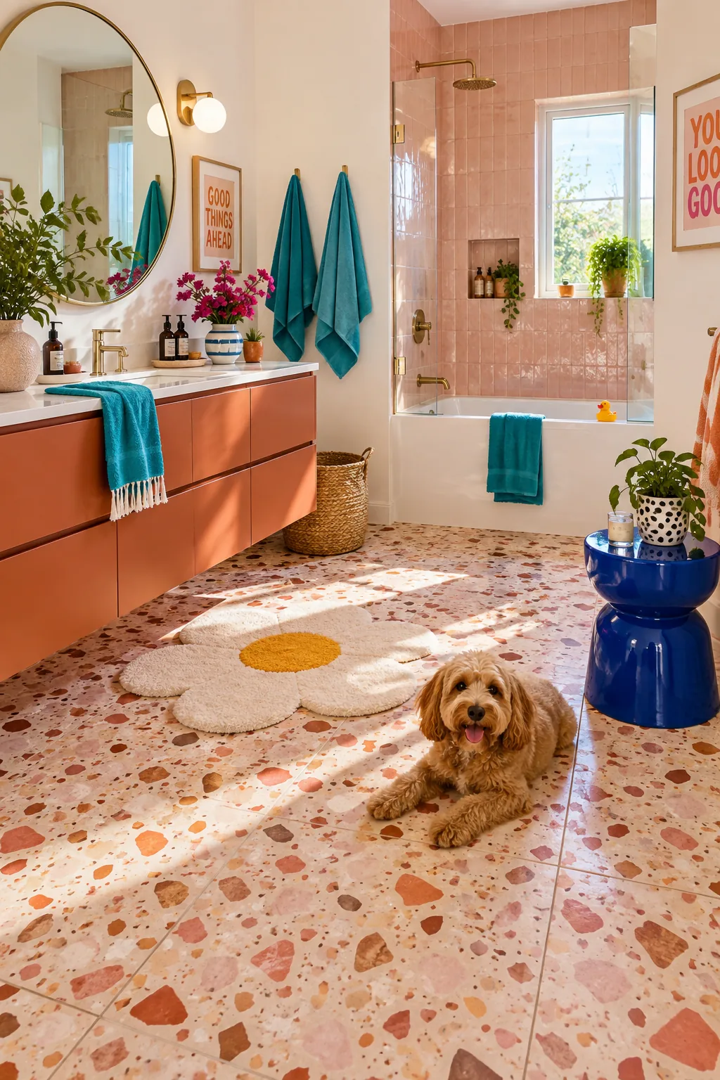 Large format terrazzo tiles featuring neutral stone chips in a light base