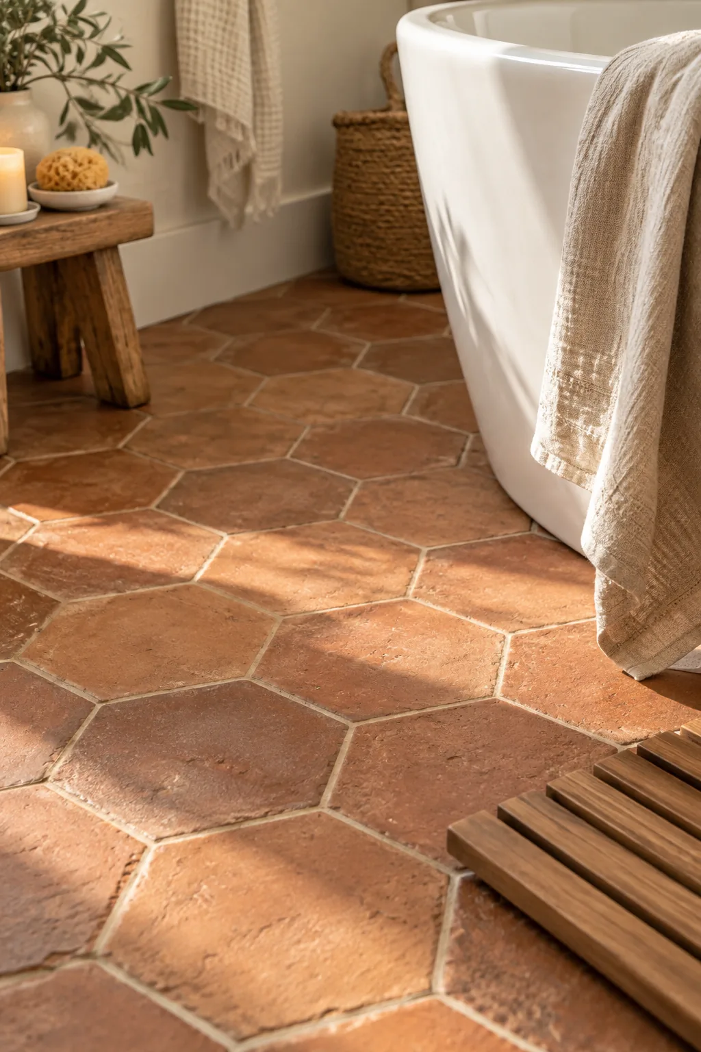 Warm orange and red terracotta hexagon tiles in a rustic bathroom