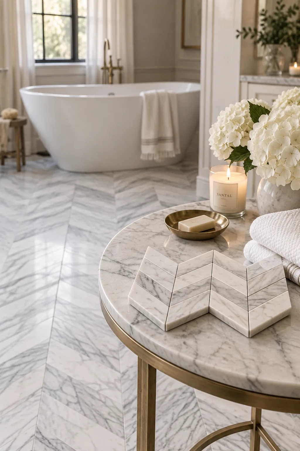 White and gray marble planks cut and laid in a precise chevron pattern