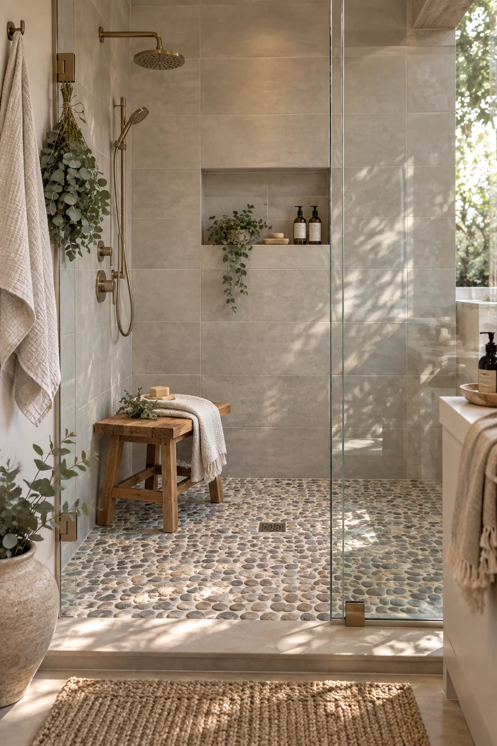 Flat cut natural river pebbles laid as a continuous shower and bathroom floor