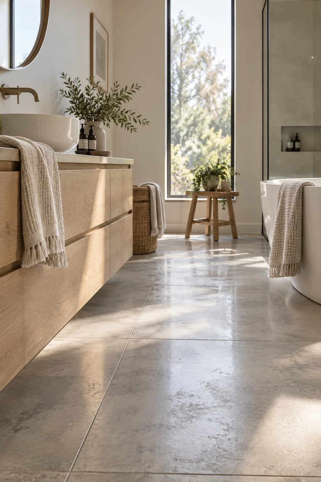 Large polished concrete square tiles in a minimalist modern bathroom