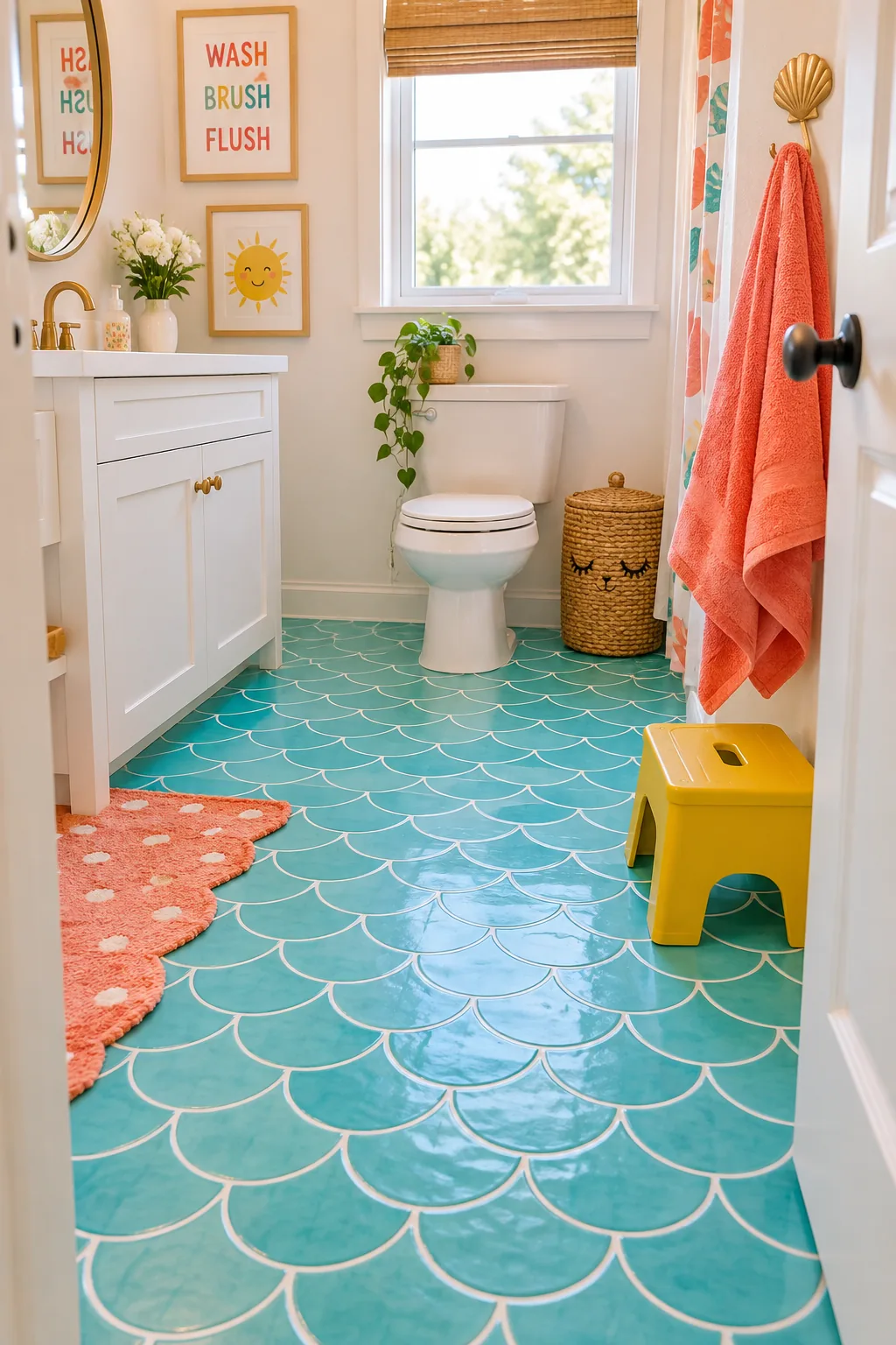 Teal fish scale tiles laid on a bathroom floor pointing toward the door