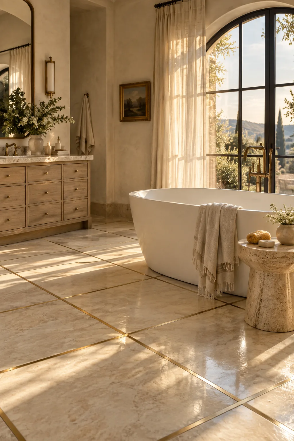 White marble floor tiles separated by thin brass metal inlay strips