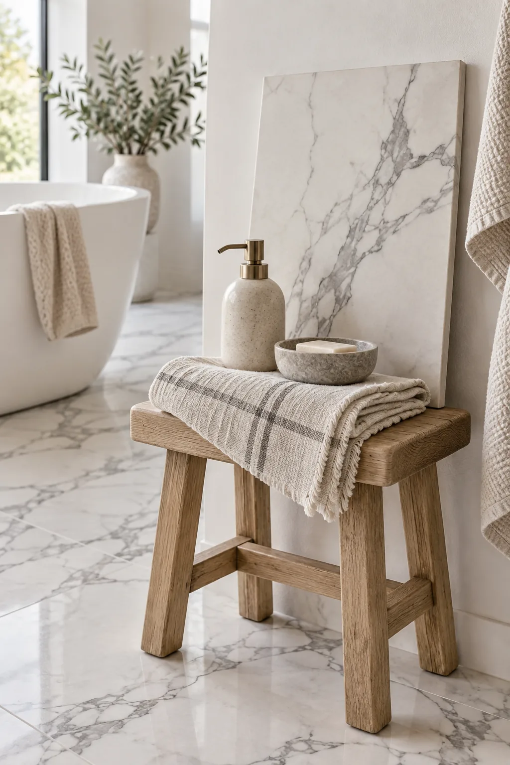 Large porcelain tiles mimicking natural Calacatta marble veining