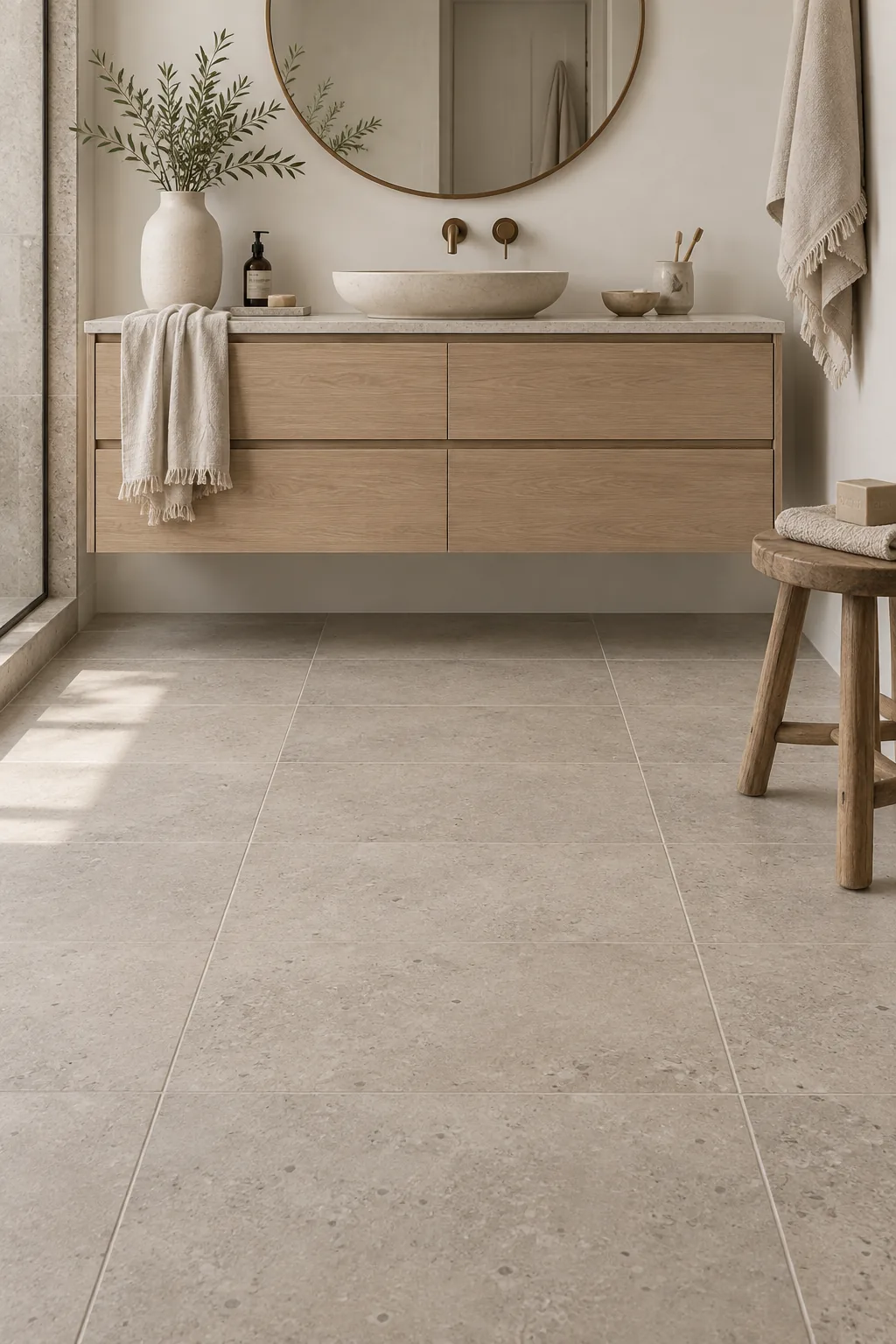 Matte gray porcelain tile floor in a modern bathroom