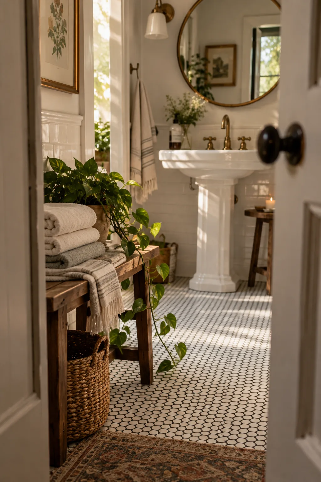 White and black penny tile bathroom floor