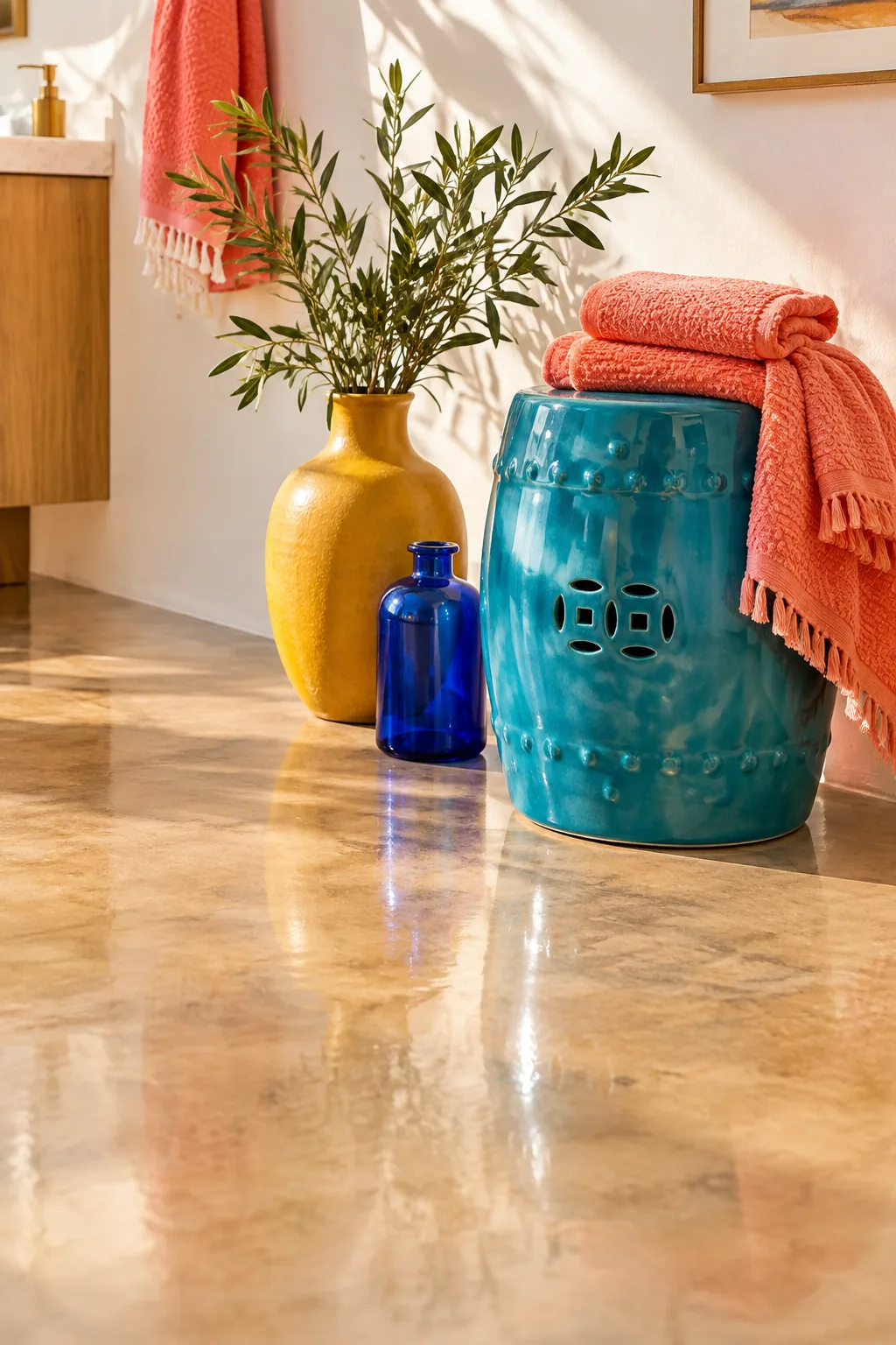 Smooth polished concrete floor in a minimalist bathroom