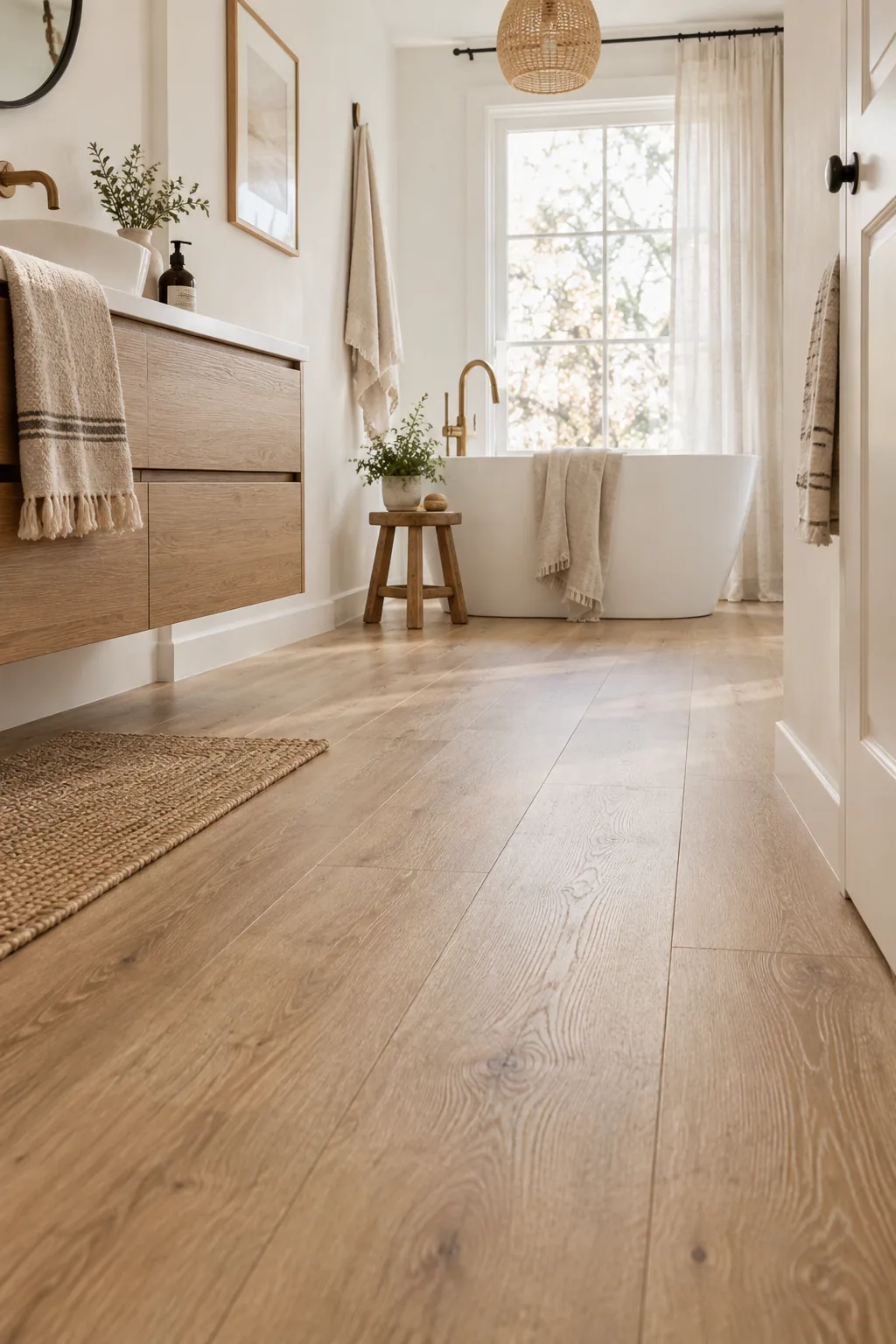 Wood-look luxury vinyl plank flooring in a bathroom