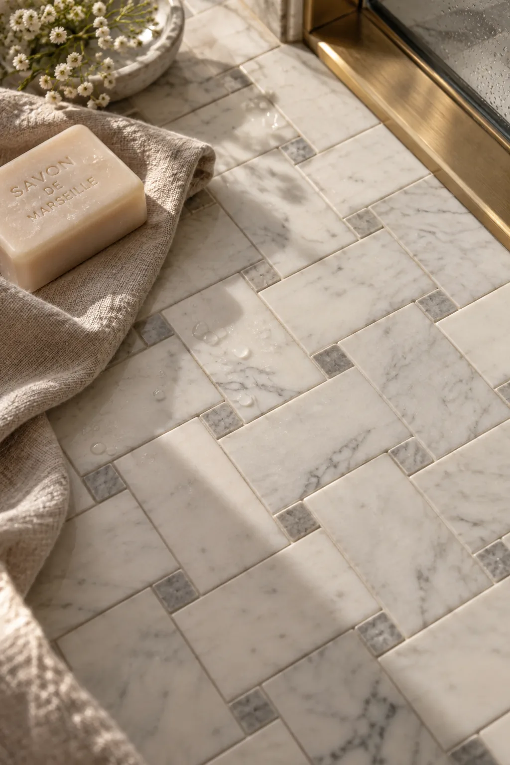 Honed marble mosaic floor tiles