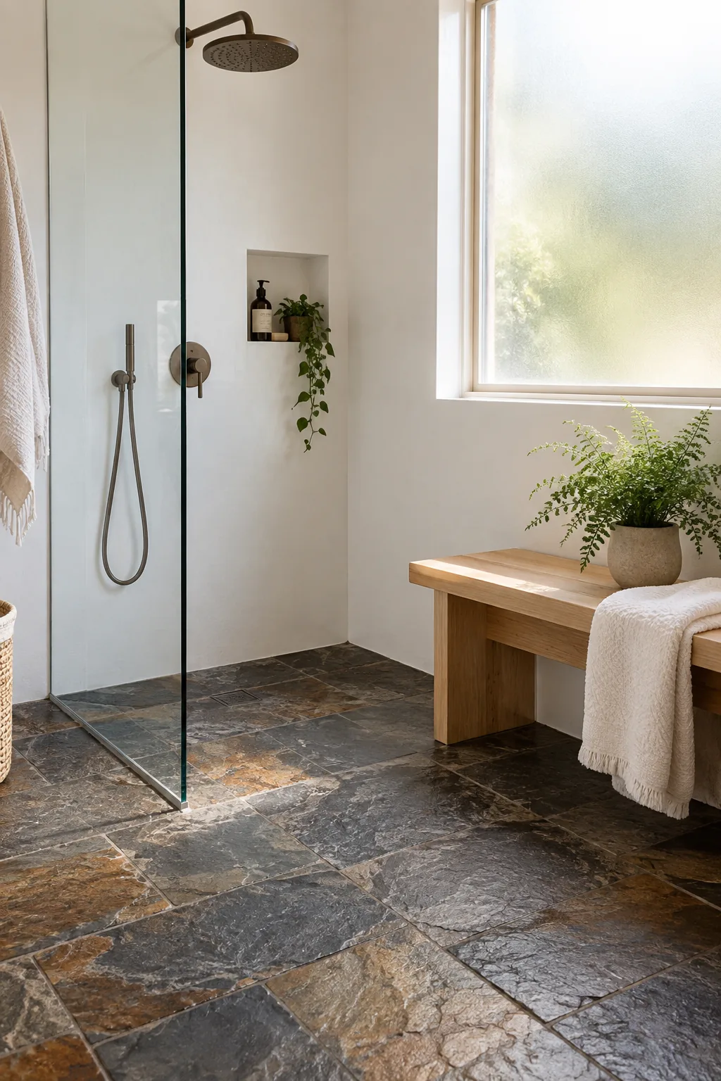 Dark natural slate floor tiles in a rustic bathroom