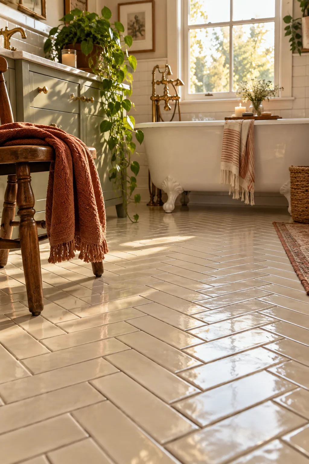 White subway tiles laid in a herringbone pattern on a bathroom floor