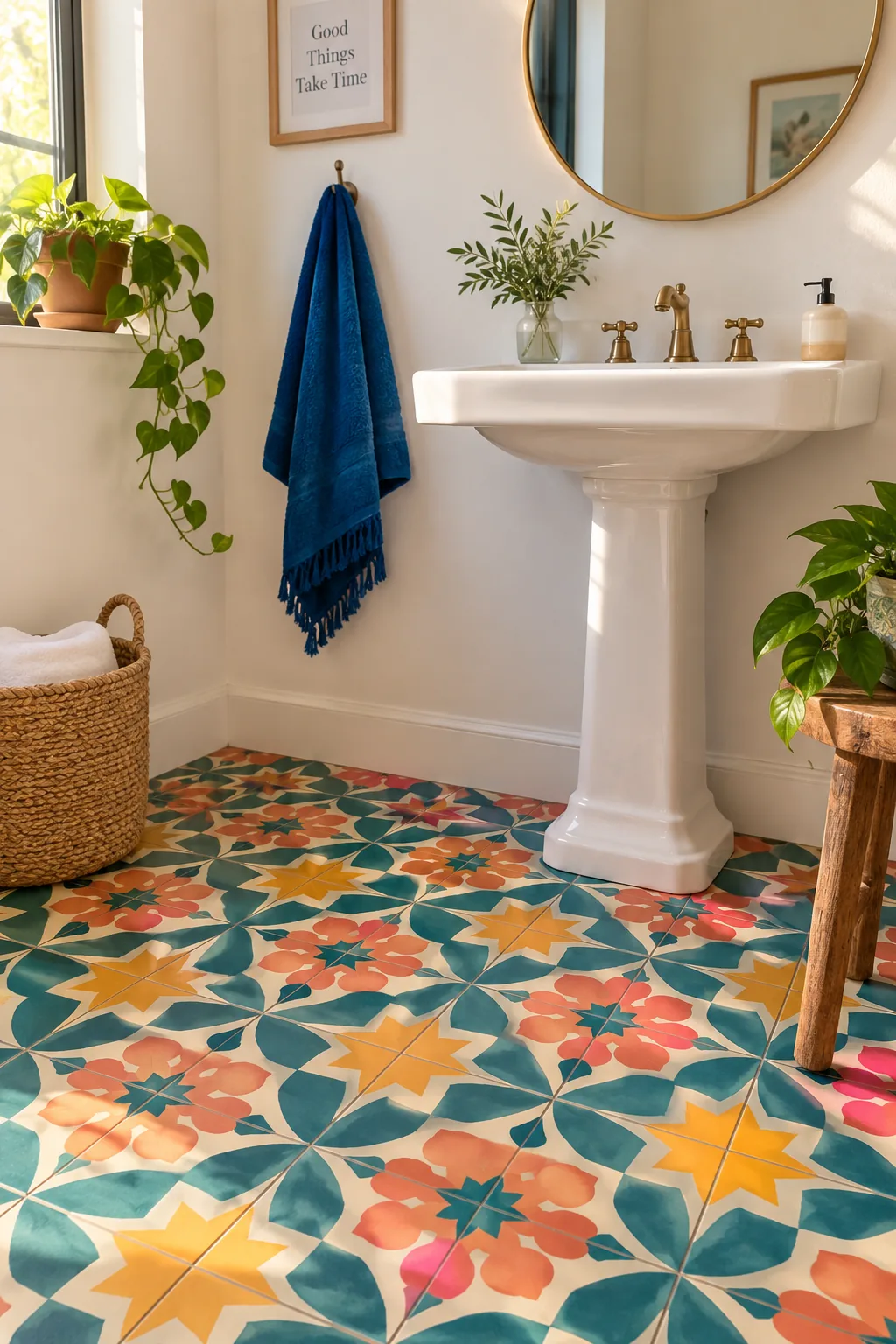 Patterned encaustic cement tiles in a bohemian bathroom